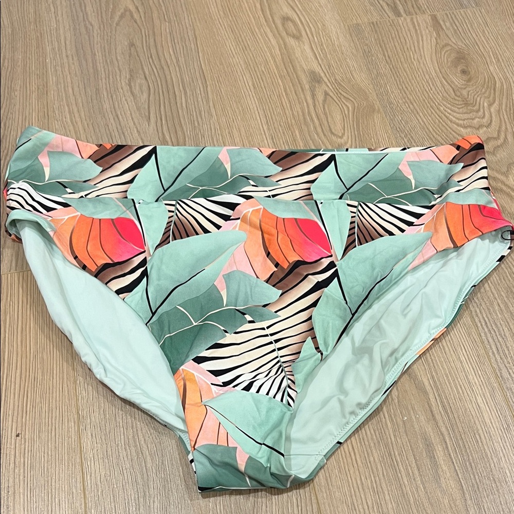 Calia High-Waist Tropical Leaf Print Swim Bottoms in Mint and Coral